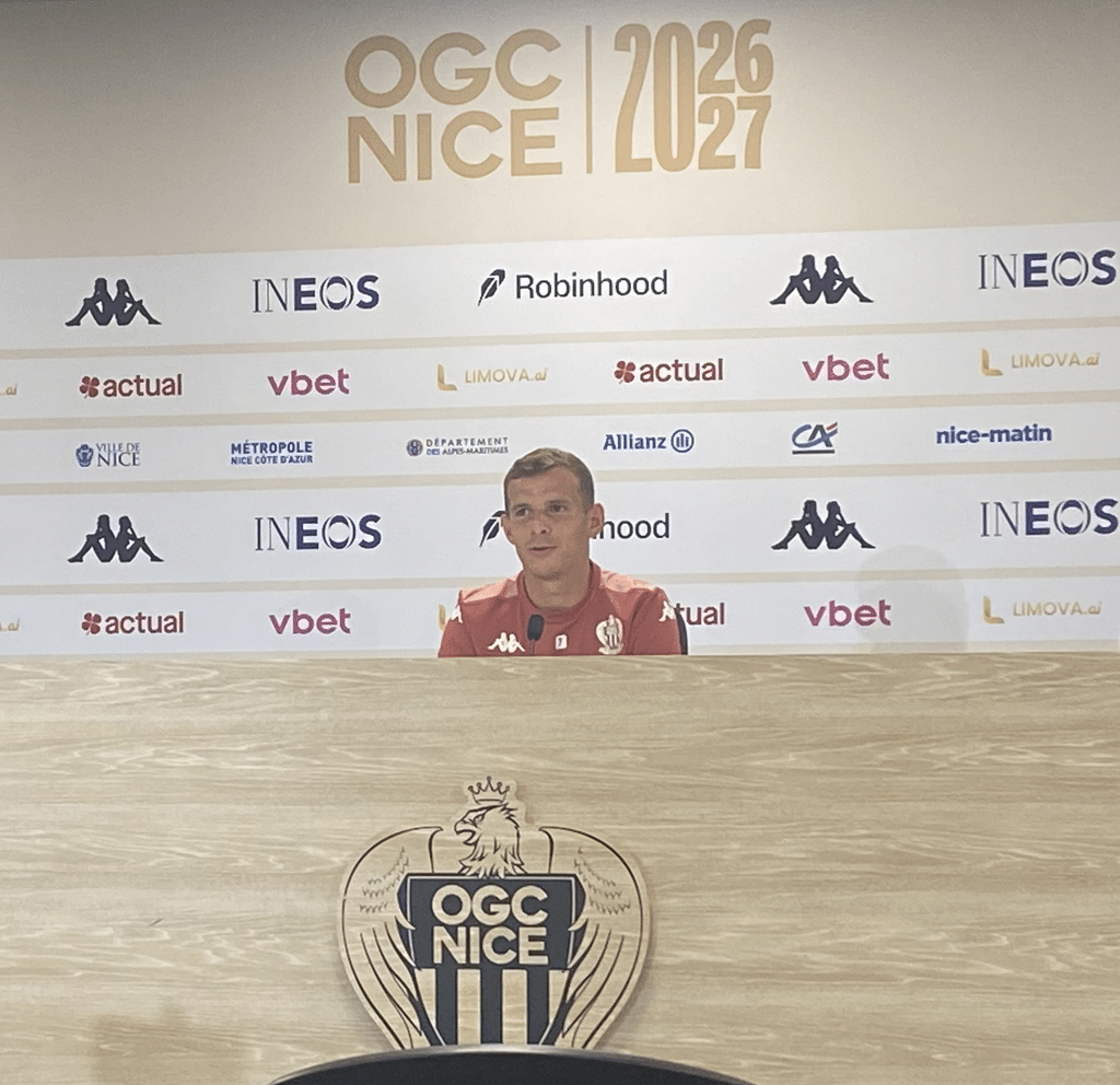 Gauthier Hein at a press conference before PFC - OGC Nice.