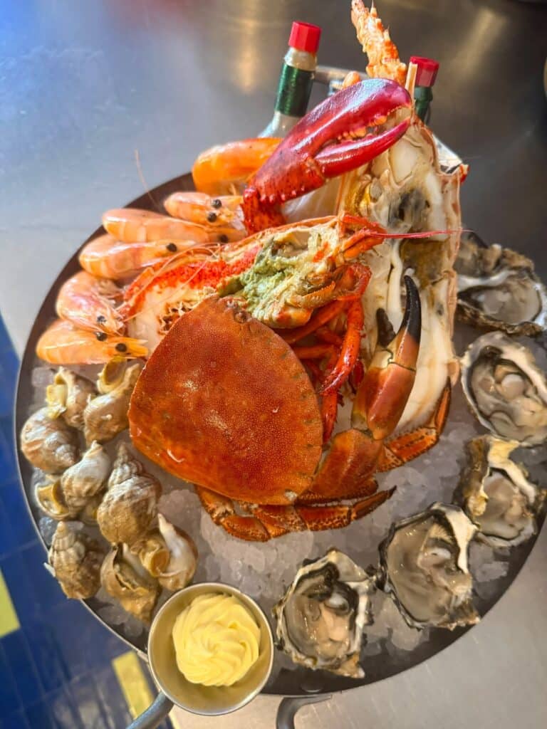 A seafood platter, with shrimp, shellfish, crab, oysters...