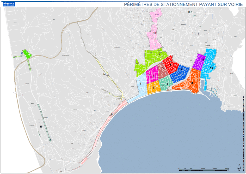 A map of the parking area with the 16 zones involved, most of which are in the city center and in the north of the city as well as near the Allianz Riviera stadium and along the Promenade des Anglais.