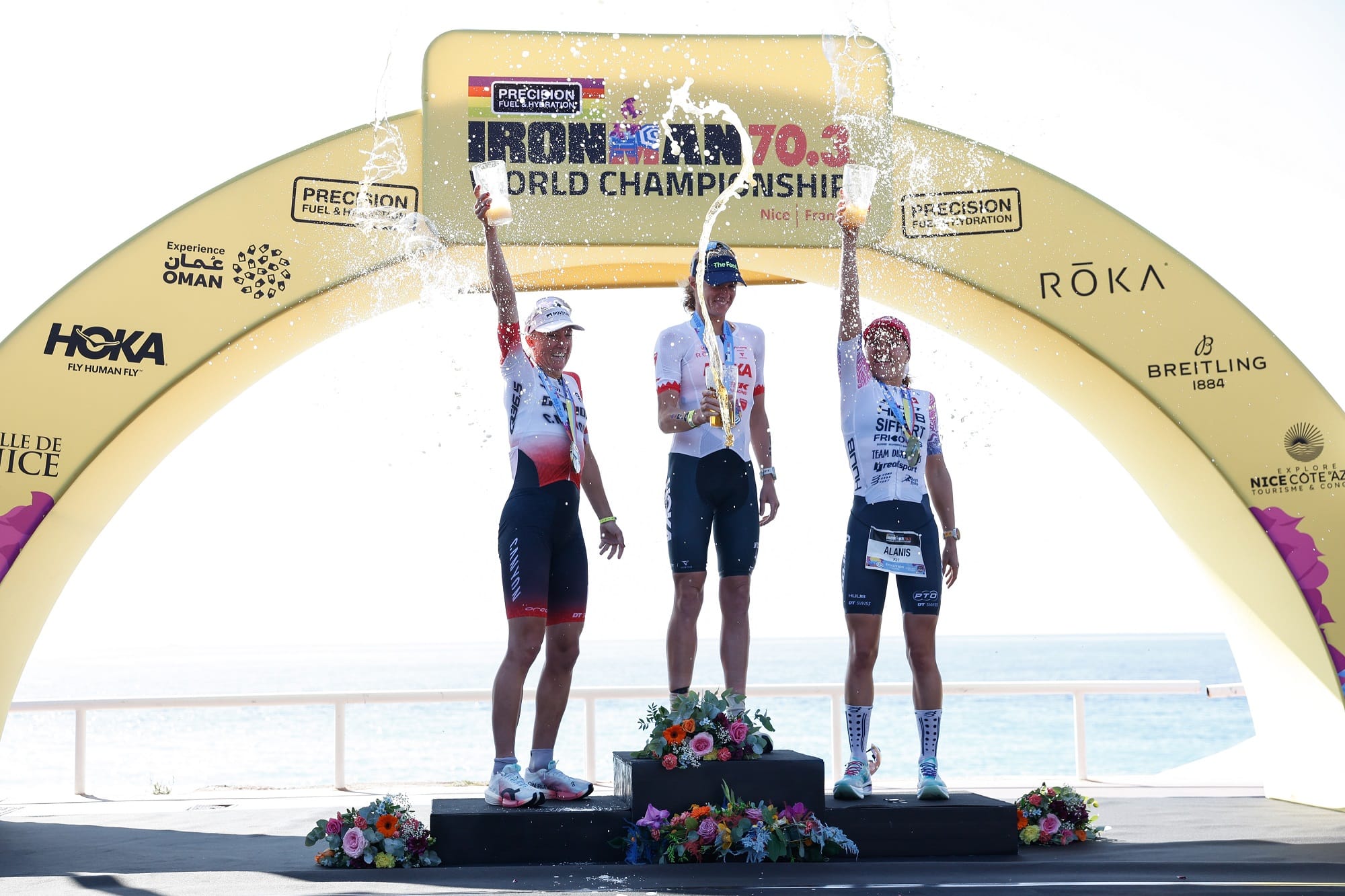 The podium of the men's race at the 2026 Nice Ironman World Championships