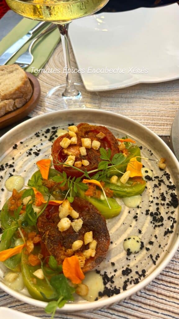 A tomato with spiced Xeres escabeche.