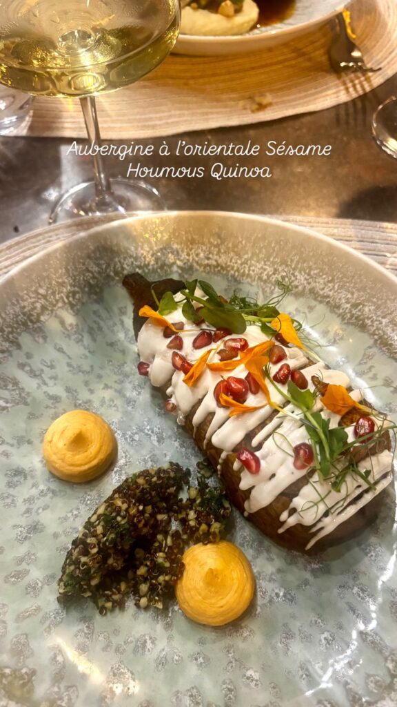 An eggplant oriental style sesame hummus quinoa.