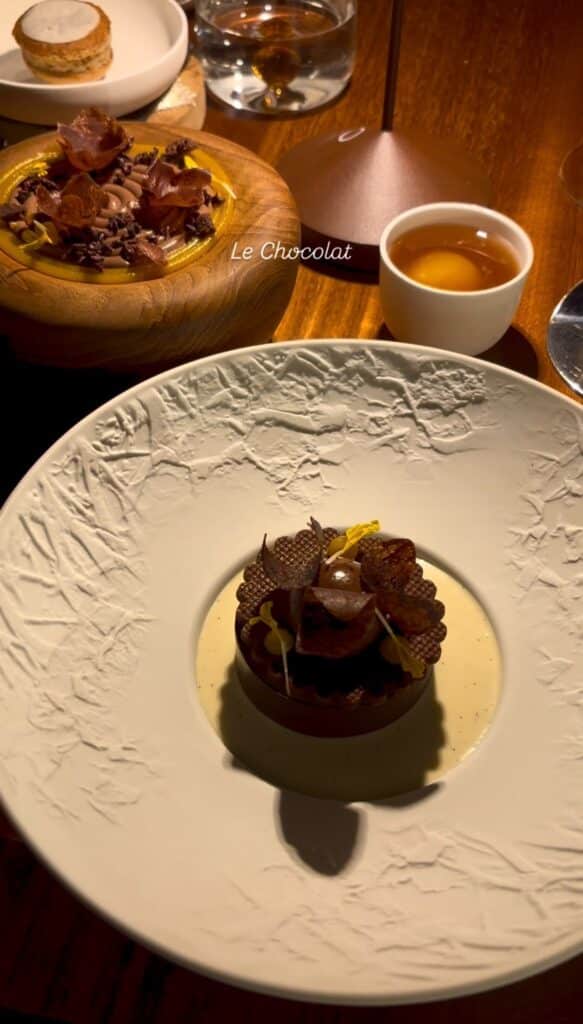 A chocolate dessert with cream at the bottom of the plate.
