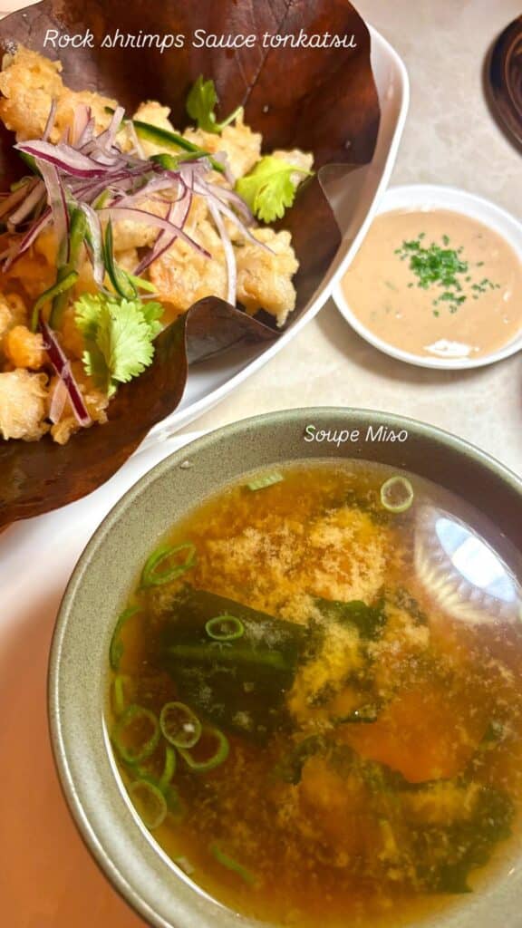 A Miso soup and rock shrimps with Tonkatsu sauce from the Zénior restaurant