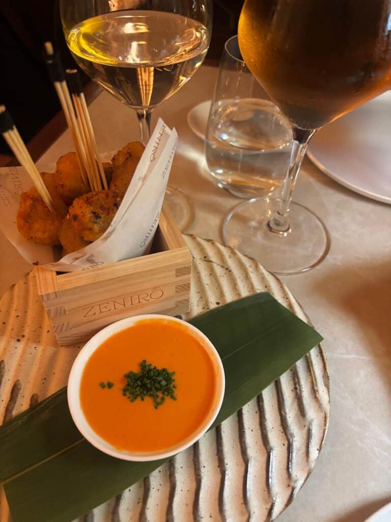 Appetizers and an orange soup from Zeniro restaurant.